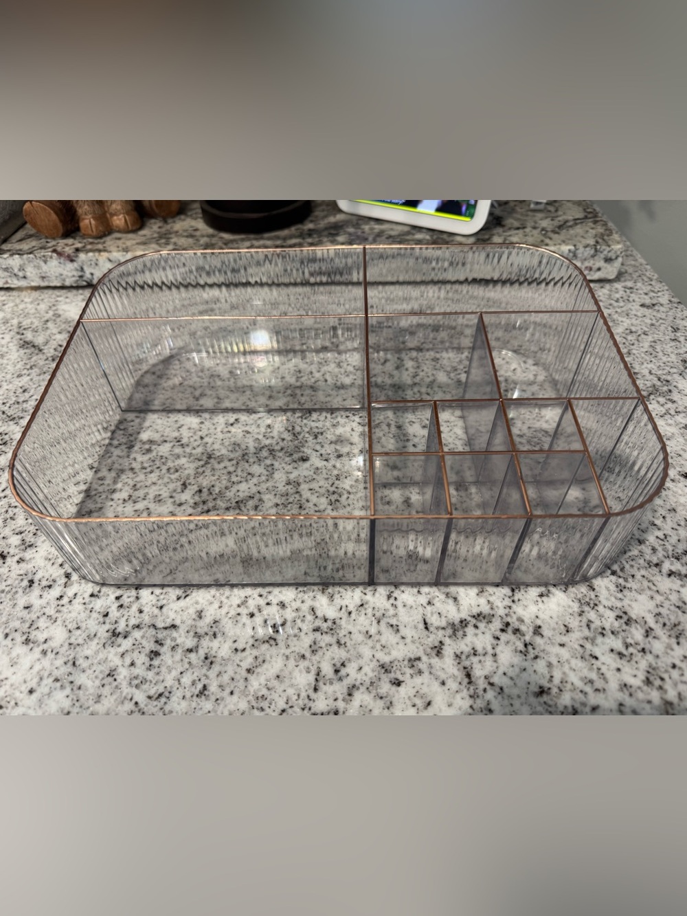 Clear Acrylic Makeup Organizer with Rose Gold Trim
